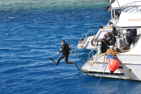 Hurghada, Mısır - 1 Ocak 2018, - adam coral reef dalış için suya atlama
