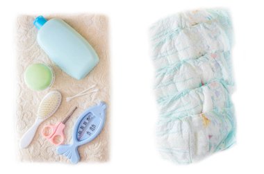 Çocuk bezi bebek, havlu ve krem, beyaz arka plan banyo sonra tarak