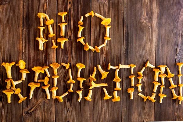 Inscription no radiation lined with mushrooms chanterelles on a wooden background, chanterelles