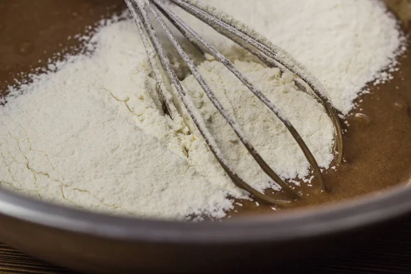Preparation Cake Cocoa Milk Flour Whisk Whipping — Stock Photo, Image