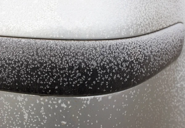 Rime frost on the car bumper, winter — Stock Photo, Image
