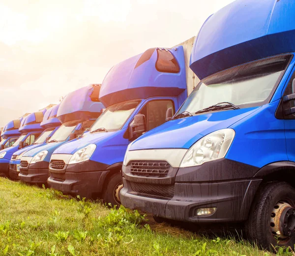 Niebieski dostawcze stoją w rzędzie, najbogatszy w branży transport i zamiejscowych, słońce — Zdjęcie stockowe