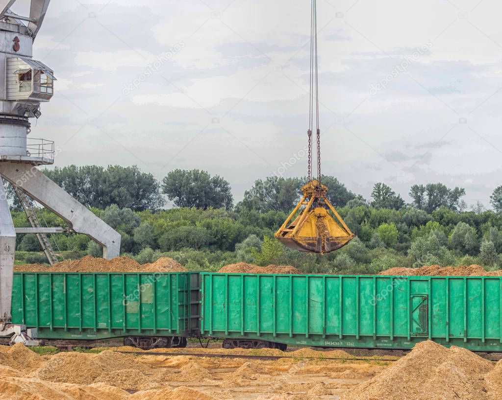 Port cargo crane loads wood chips into railway cars, kindling-wood