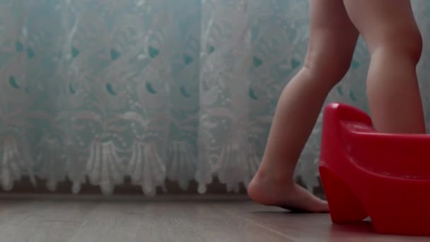 Ein kleines Kind zeigt Interesse, Neugier auf den Babytopf, lernt, zum Topf zu gehen, Nahaufnahme, kaukasisch, Hygiene — Stockvideo