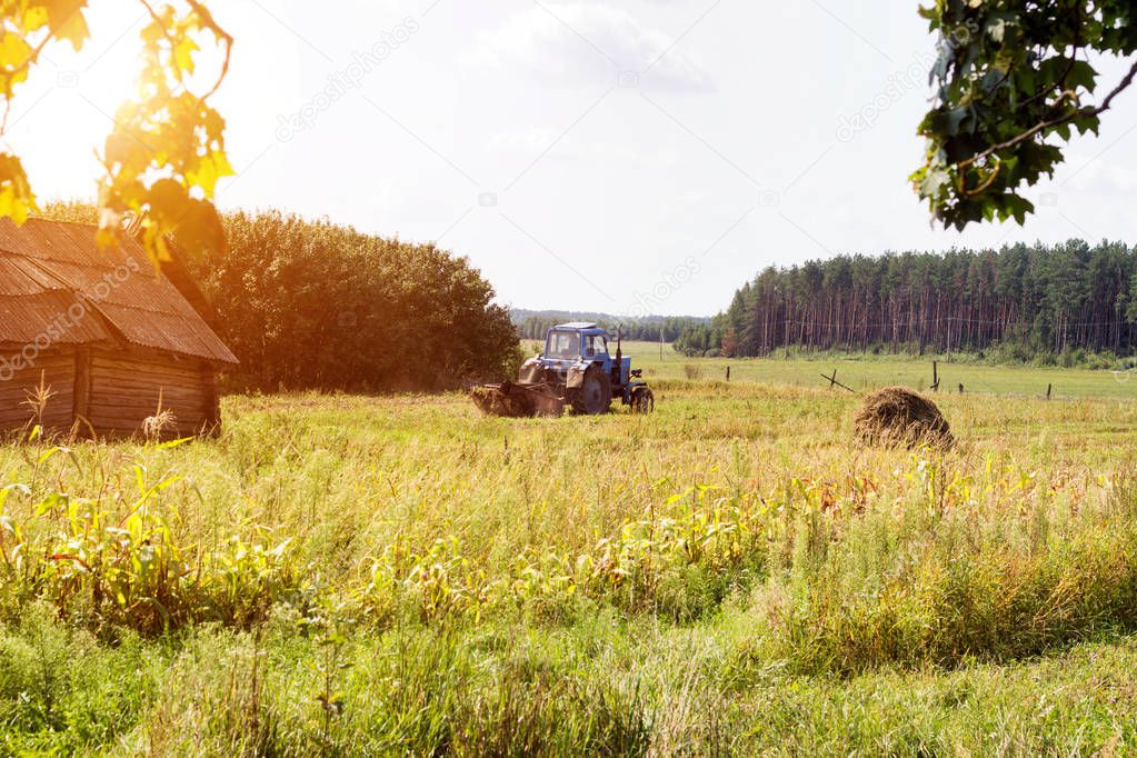 An old tractor plows a field in a village in the background a forest, an old ruined hut, a summer day, plowing a field, farmer and sun, agriculture