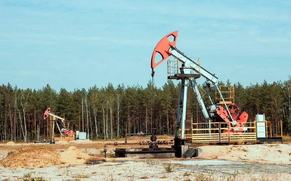 Oljekälla för produktion av olja och bensin och gas på bakgrund av skogen, produktion av bensin, pumpjack, utvinning av olja, bränsle — Stockfoto