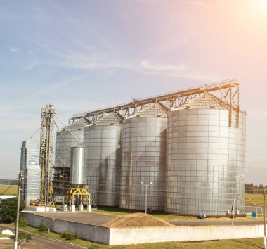 Modern storage complex for oilseed rapeseed and other grains, grains, against a blue sky, silo clipart