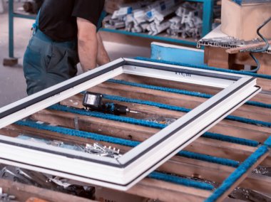 Üretim windows pvc, adam vidalı tornavida menteşeli savunma kanat üzerinde pvc çerçeve, yakın çekim, iş