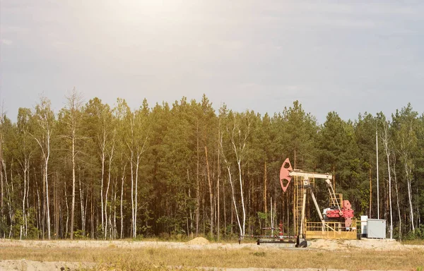 Olej i wydobycia ropy naftowej i benzyny i gazu na tle lasu, produkcja ropy naftowej i paliwa palnych substancji, ekstrakcji produktów naftowych, lekkoatletka — Zdjęcie stockowe