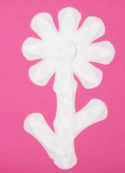 Flor colocada de las almohadillas de las mujeres sobre un fondo rosa, primer plano, higiénico, proteger, íntimo, frescura —  Fotos de Stock