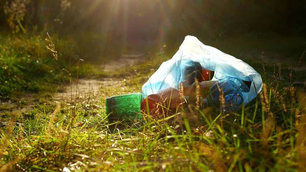 A package of plastic garbage lies in the forest on a forest road, pollution of nature, garbage and nature, the sun, close-up, rubbish — Stock Photo, Image