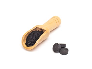 Black activated carbon tablets and powdered carbon on a white background concept of use in cosmetology and dermatology, white background, isolate, anti-inflammatory clipart