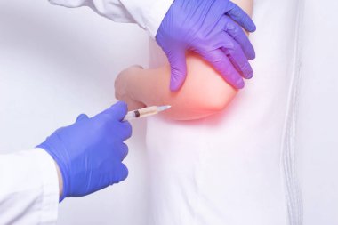 Doctor makes plasma-lifting injections into the girl s inflamed joint to relieve pain and inflammation, a modern anti-inflammatory method clipart