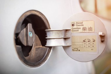 Dizel otomobil benzin deposu kapağı, dizel skandalı kavramı ve dizel otomobilleryasağı. Dizel kalitesi, ağır yakıt