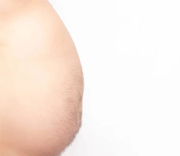 Fett manliga ölmagen på en vit bakgrund, isolera, kopiera utrymme, mage — Stockfoto