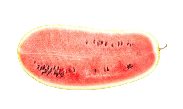 Lange länglich geschnittene Wassermelone auf weißem Hintergrund, isoliert, Hybrid — Stockfoto