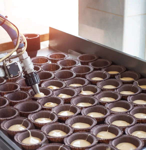 Производство шоколадных кексов в кондитерской промышленности. Вкусная выпечка на десерт, место для копирования, продукты питания, хлебобулочные изделия — стоковое фото