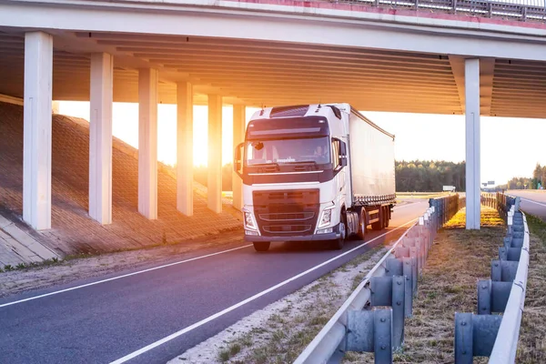 An international driver is carrying goods on a wagon under a bridge. Trucker work concept, work and rest mode, job vacancies, background