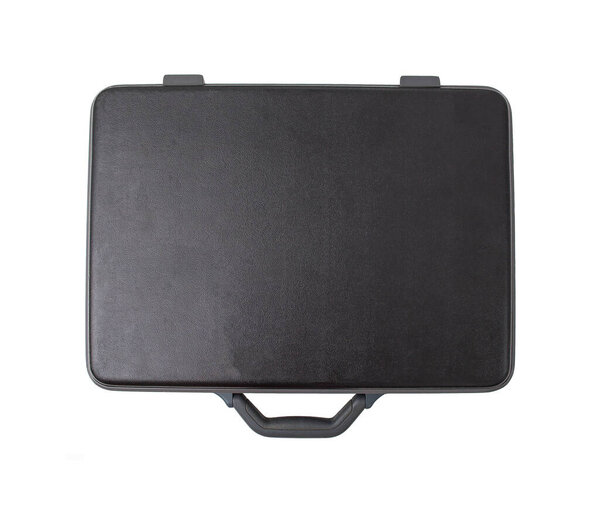 Black modern plastic case for money and other organizers on white background, isolate, worker