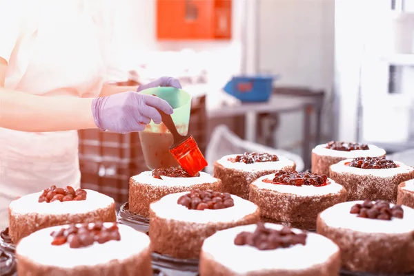 Pastry chef girl makes a cake from fresh biscuit berries and cream. Mass production of cakes and sweets, confectionery factory, professional