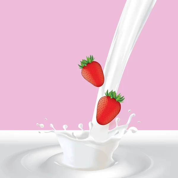 Spritzer Milch Mit Erdbeeren Auf Rosa Hintergrund — Stockvektor