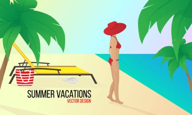 Kadın içinde Bikini üzerinde Beach.Travel kavramı, yaz tatili. Vektör tasarımı