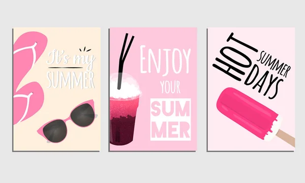 Pembe artalanları öğelerinde yaz yaz posterleri kümesi. Vektör çizim tipografi ile.