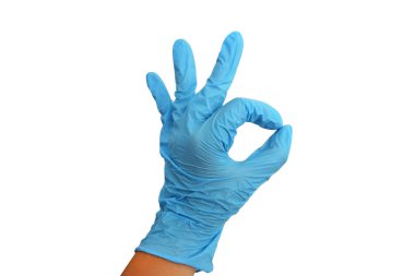 Beyaz arka plan üzerinde tıbbi mavi eldiven El
