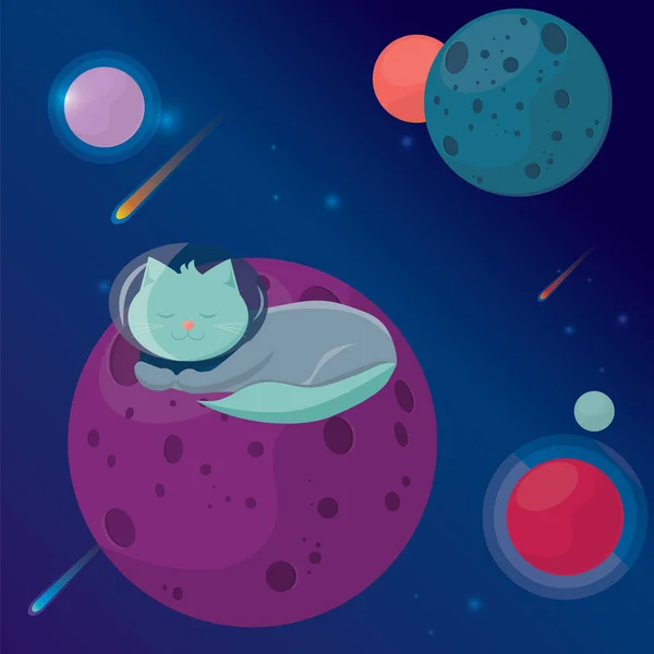 Sevimli ve eğlenceli kedi astronot uzayda. Vektör çizgi film Kiralama. Vektör çizim, Eps 10