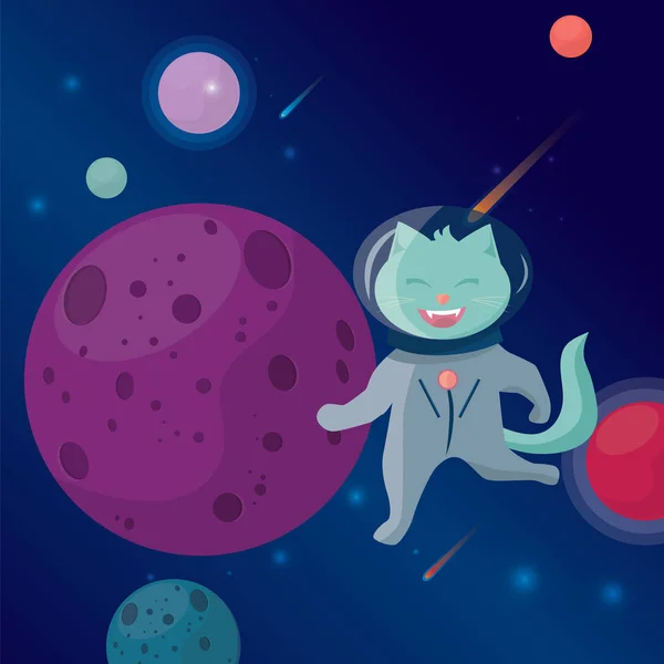 Sevimli ve eğlenceli kedi astronot uzayda. Vektör çizgi film Kiralama. Vektör çizim, Eps 10