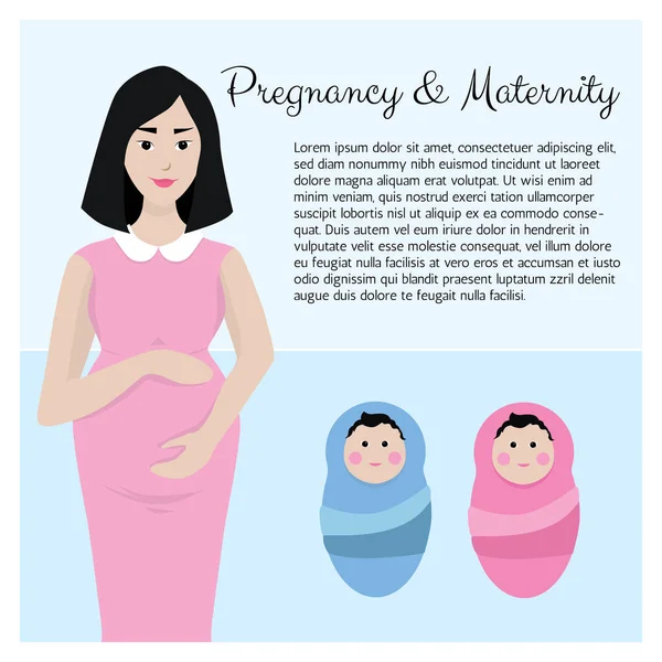 Hamilelik ve annelik sevimli karikatür vektör illüstrasyon. Genç hamile kadın ve yenidoğan bebekler. 