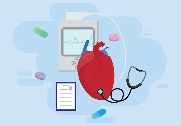 Kalp testleri veya Kardiyoloji teşhis kavramı. İnsan kalbi, holter monitör, stetoskop ve mavi artalanları haplarla vektör tasarımı.