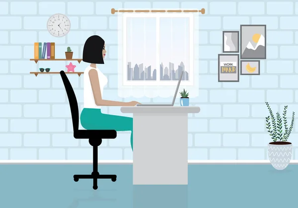 Masada oturan ve laptop üzerinde çalışan bir kadın. İş, iş, işyeri. Düz tasarım vektör illüstrasyon
