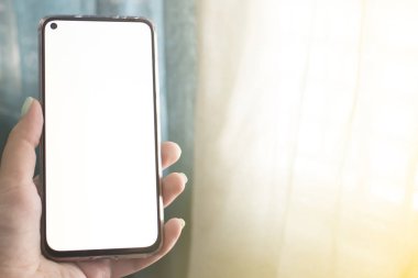 Elinde boş ekran ve daha az modern çerçeveli akıllı telefon tutan bir kadın. Grafik görüntüleme montajı için.