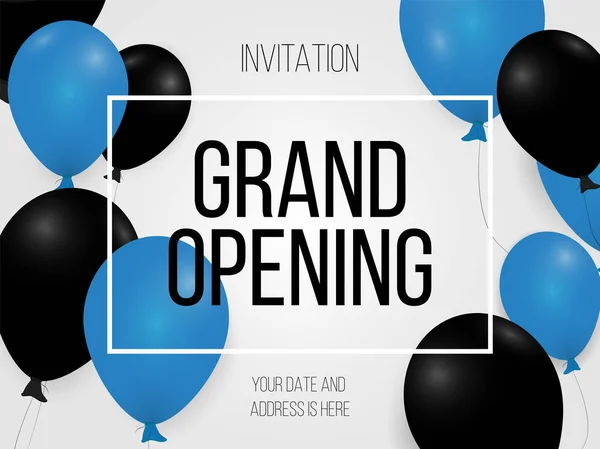Büyük açılış daveti, metin, özel teklif siyah ve mavi hava balonları ile arka plan kutlamak. Mağaza ve satış afişleri için gerçekçi vektör stok tasarımı, büyük açılış, parti el ilanı