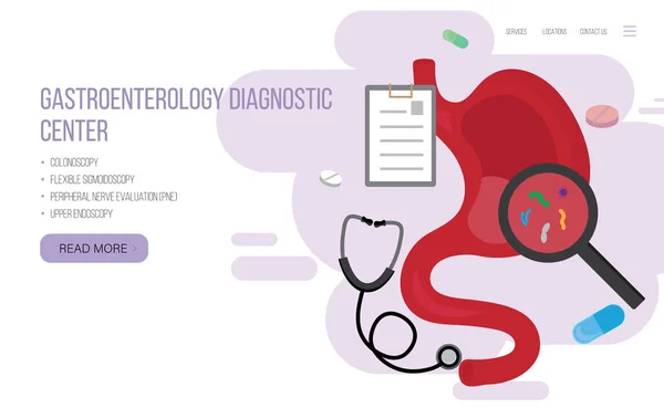 Gastroenteroloji web afiş, açılış sayfası kavramı. Gastrointestinal hastalıklar. Mide muayeneleri ve tedavisi. Vektör çizimi 