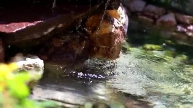 Çeşmeden gelen su taşların üzerine damlar.