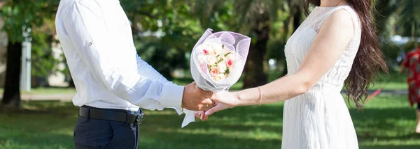 Sposa Sposo Uniscono Mani Nel Parco — Foto Stock