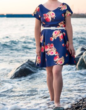 Denizin kenarında güllü elbiseli kız