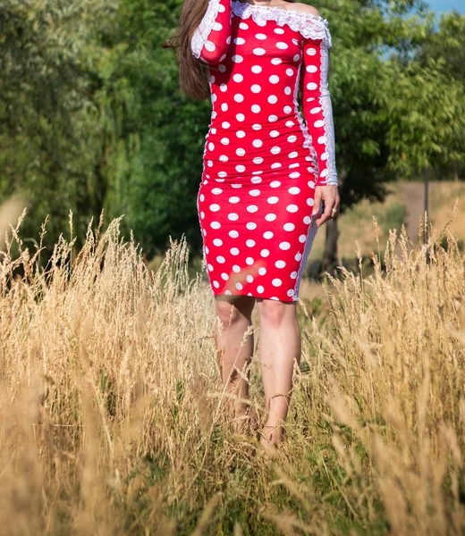 Menina Vestido Vermelho Natureza — Fotografia de Stock