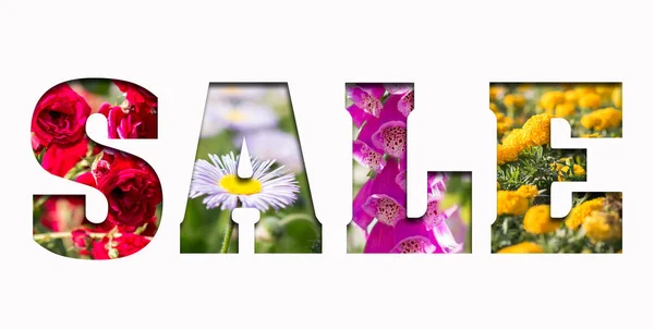 Sale Letters Made Flowers Advertising Poster Banner Word Sale White — Stock Photo, Image