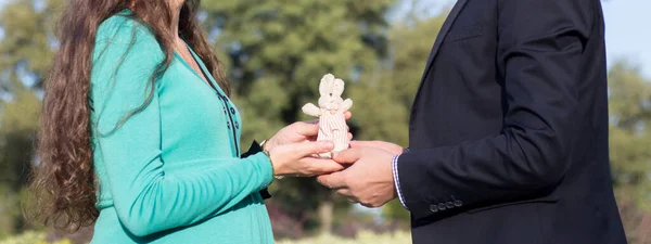 Karı Koca Oyuncak Tavşan Tutuyorlar — Stok fotoğraf