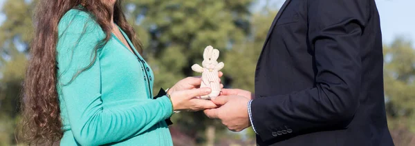 Manžel Těhotná Žena Drží Zajíce Hraní — Stock fotografie