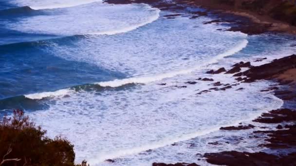 Waves Breaking Rocky Shore Seen High Vantage Point — Stock Video