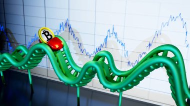 Arka planda benzer bir grafik ile rollercoaster sürüş bitcoin belirteci, değeri dalgalanmaları gösteren