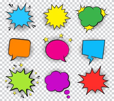 Dizi boş retro renkli komik kabarcıklar ve öğeleri noktalı resim gölgeler trasparent arka plan üzerinde. Vektör çizim, vintage tasarım, pop sanat tarzı.
