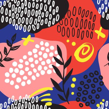 Dikişsiz renkli desen siyah beyaz çizgiler, noktalar, nokta, yaprak ve diğer öğeler. Fırça konturları etkisi. El arka plan çekilmiş. İskandinav tarzı. Vektör çizim