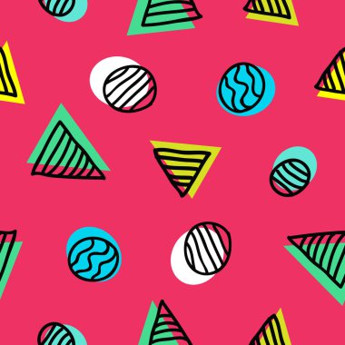 Doodle el ile Seamless modeli soyut geometrik şekiller kırmızı zemin üzerine çizilmiş. Üçgen ve daire için duvar kağıdı posterler vb imalat Tekstil desen doodle. Vektör çizim