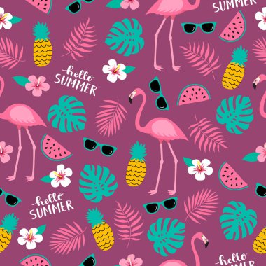 Flamingo, ananas, tropikal yaz Dikişsiz şirin renkli desen bırakır, karpuz, çiçekler, mor arka plan üzerinde güneş gözlüğü. Vektör çizim