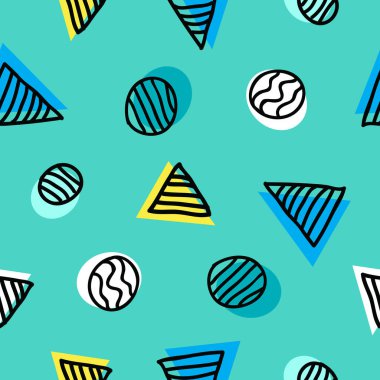 Doodle el ile Dikişsiz soyut desen geometrik şekiller nane yeşil zemin üzerine çizilmiş. Üçgen ve daire için duvar kağıdı posterler vb imalat Tekstil desen doodle. Vektör çizim